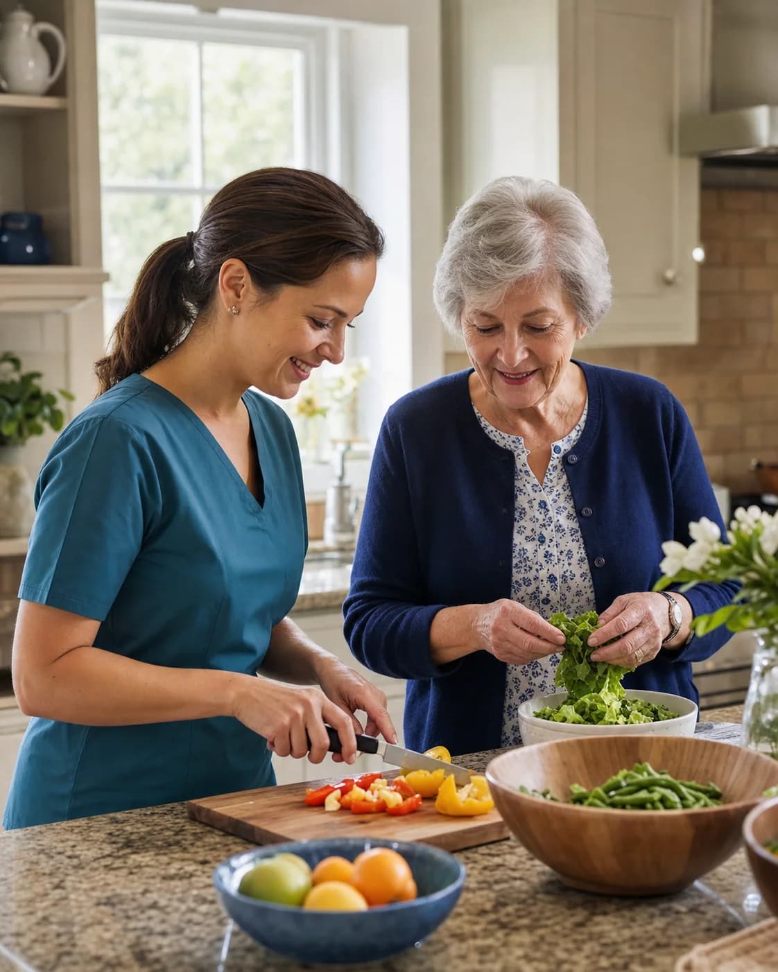 Home care professional and an older woman preparing a healthy meal together