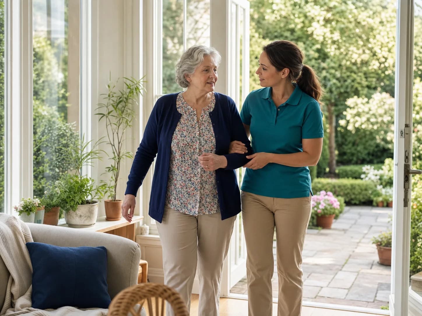Home care professional supporting an older woman walking safely at home