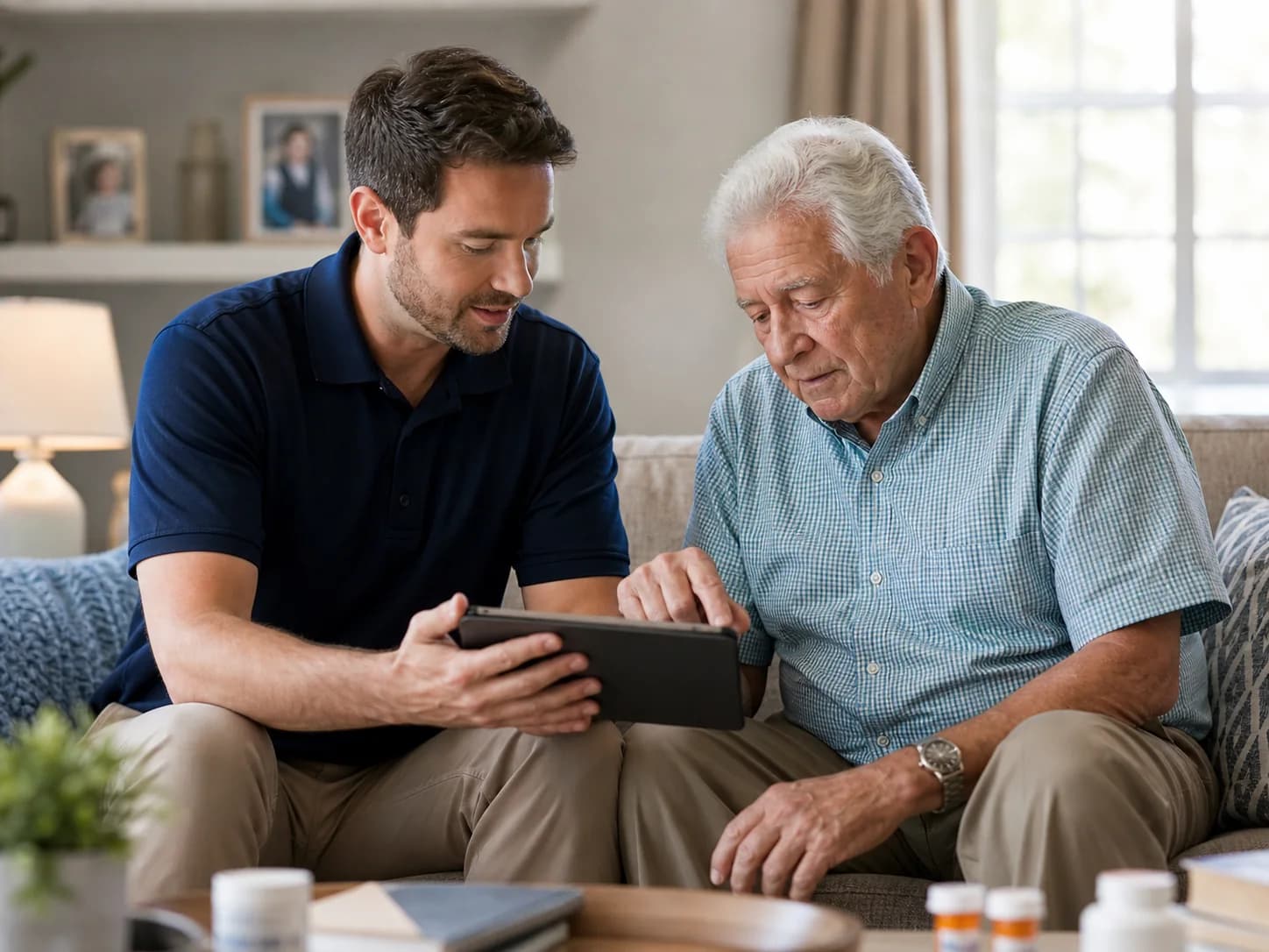 Home care professional reviewing a care schedule with an older man
